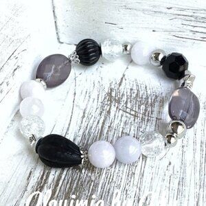 Black onyx beaded handmade bracelet with Lilac jade and aura quartz